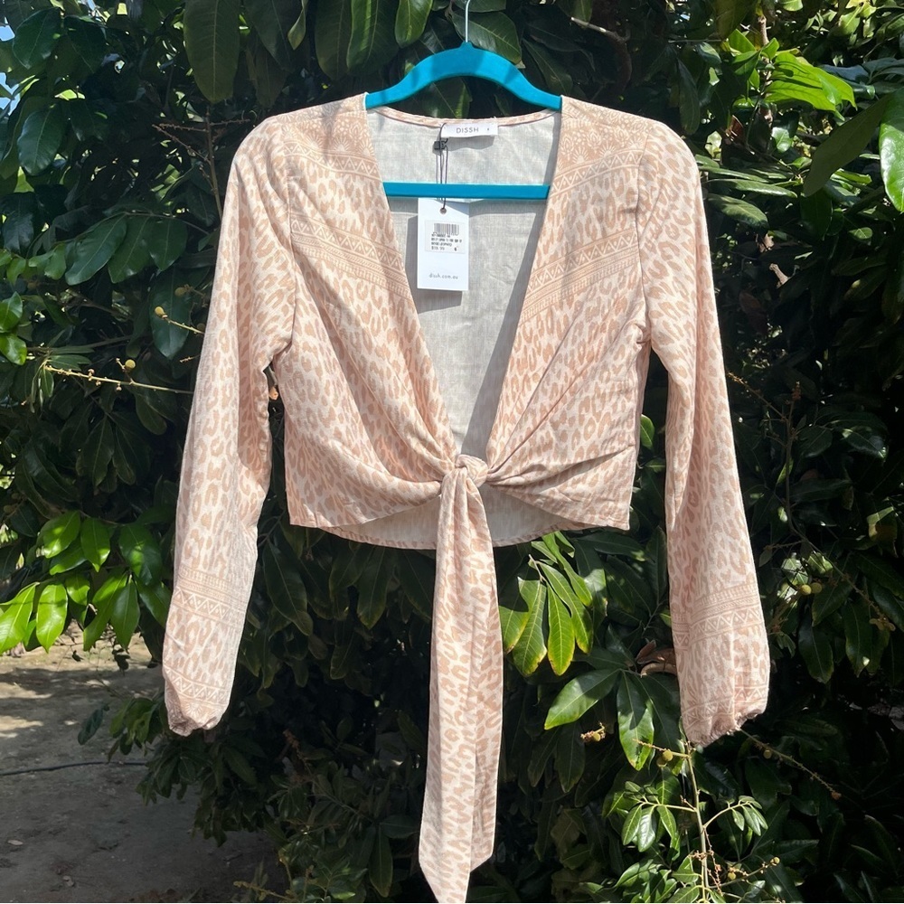 NWT DISSH ivory leopard linen cotton blend‎ tie front cropped puff sleeve blouse